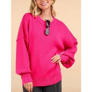 Valentines Oversized Slouchy Knit Crewneck Sweater Large Hot Pink Lounge Cozy